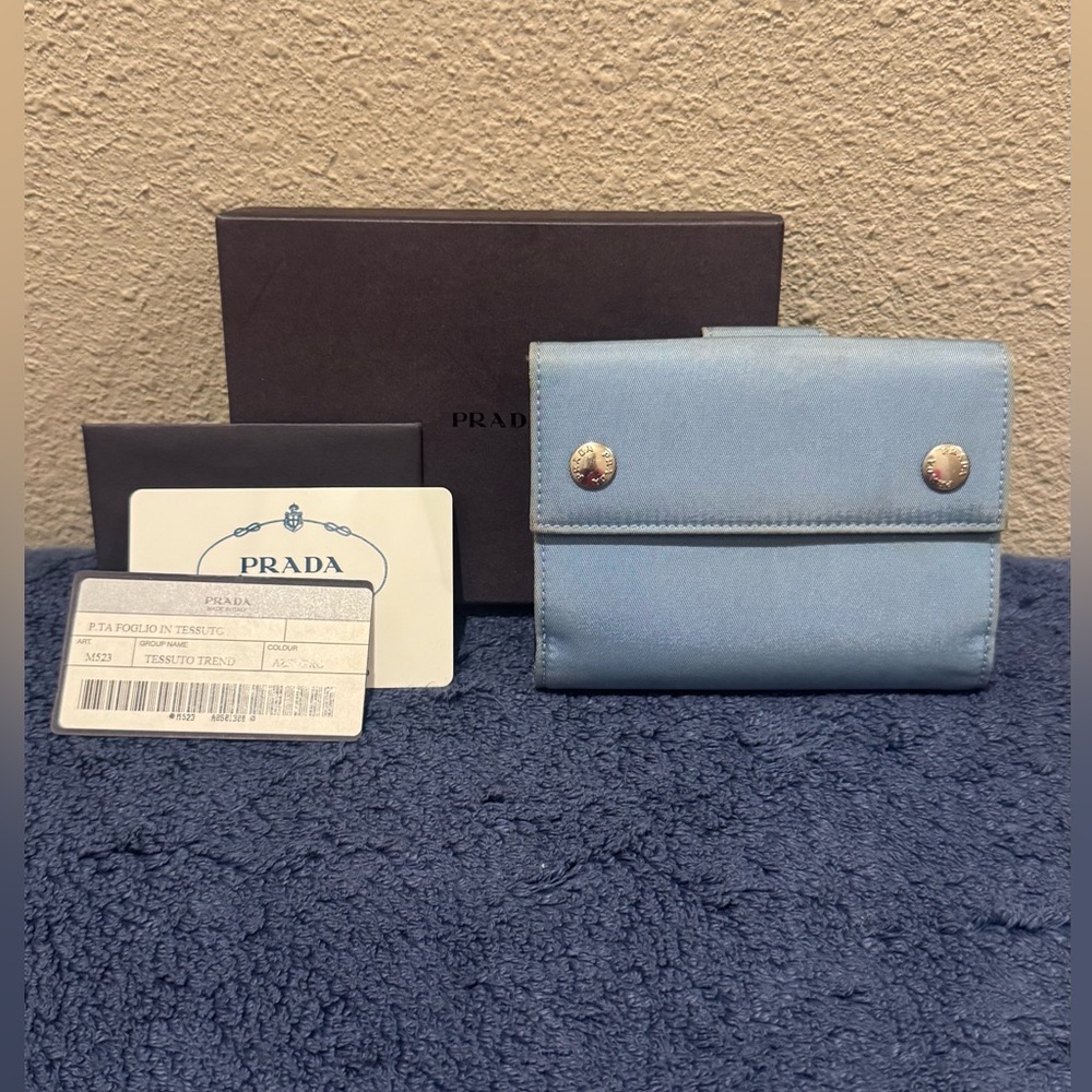 Prada Tessuto Unisex Light Blue Nylon & Leather Compact Wallet